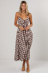 Countryside Stroll Gingham Brown Midi Dress