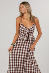 Countryside Stroll Gingham Brown Midi Dress