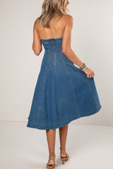 Perfectly Blue Denim Pleated Midi Dress