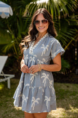 FINAL SALE - Seaside Palms Sketch Light Blue Mini Dress
