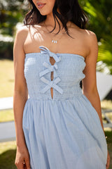 FINAL SALE - Thinking Of You Light Blue Bow Detail Smocked Midi Dress
