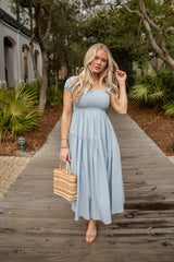 Coastal Muse Light Blue Smocked Midi Dress