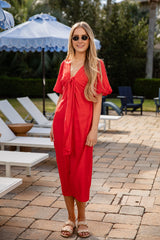 Falling For You Red Puff Sleeve Midi Dress
