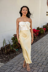 FINAL SALE - Unforgettable Entrance Yellow Bow Satin Midi Dress