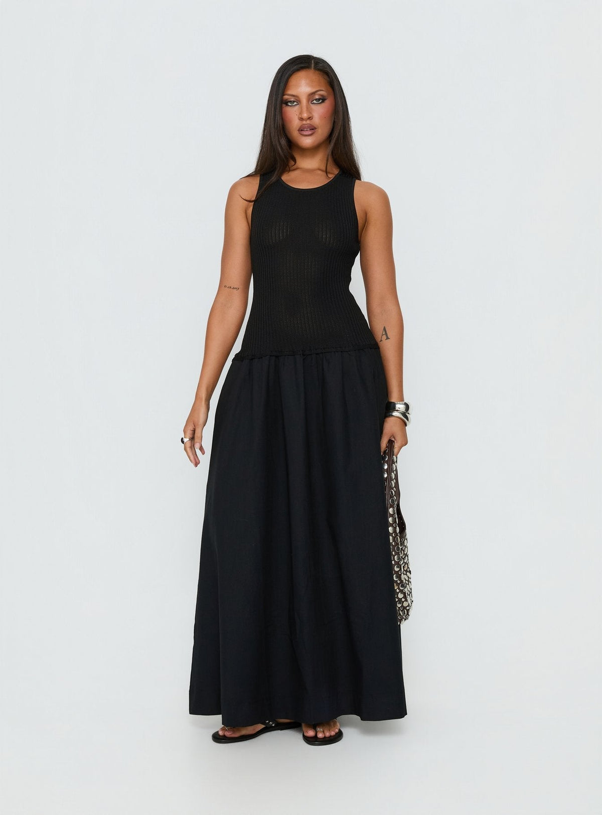 Carlene Shirred Drop Waist Maxi Dress Black