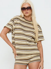 Rubez Terry Towelling Boxy Top Brown Stripe