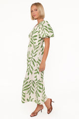 Steele Puff Sleeve Midi Dress - Green Palm