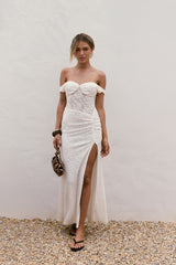Soft Smiles Off Shoulder Lace Maxi Dress White