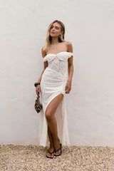 Soft Smiles Off Shoulder Lace Maxi Dress White