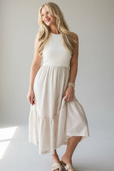 Sweet Adoration Taupe Striped Contrast Midi Dress