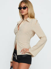Eryx Tie Back Button Up Top Apricot Check