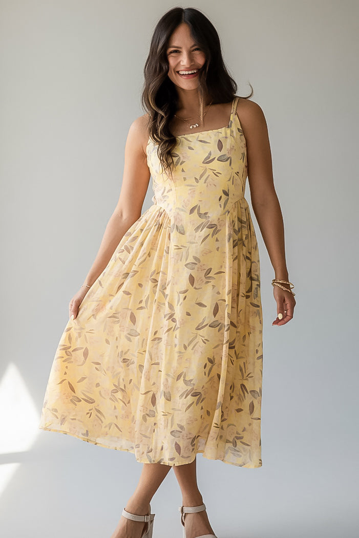 Tuscan Sunshine Yellow Floral Midi Dress