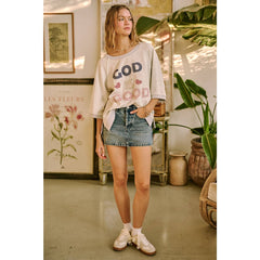 GOD IS GOOD PATCHWORK SHORT SLEEVE SWEATSHIRT TOP)