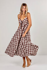 Countryside Stroll Gingham Brown Midi Dress