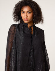 Jacquard Button And Tie Front Blouse