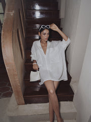 Oversized Linen Pockets Semi-Sheer Long Sleeve Dress