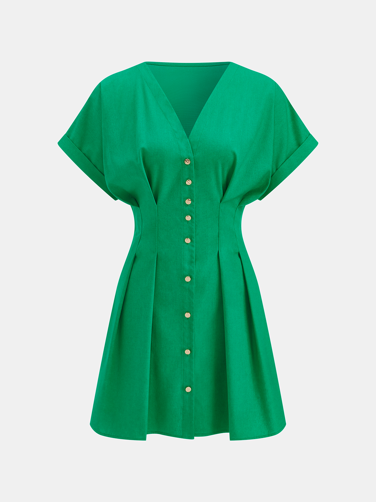 Cotton-Linen Pleated Button-Front  Mini Dress
