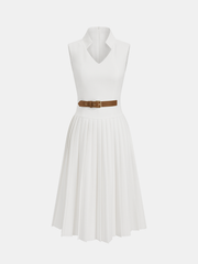 Belted Sleeveless Pleated Collared Dress