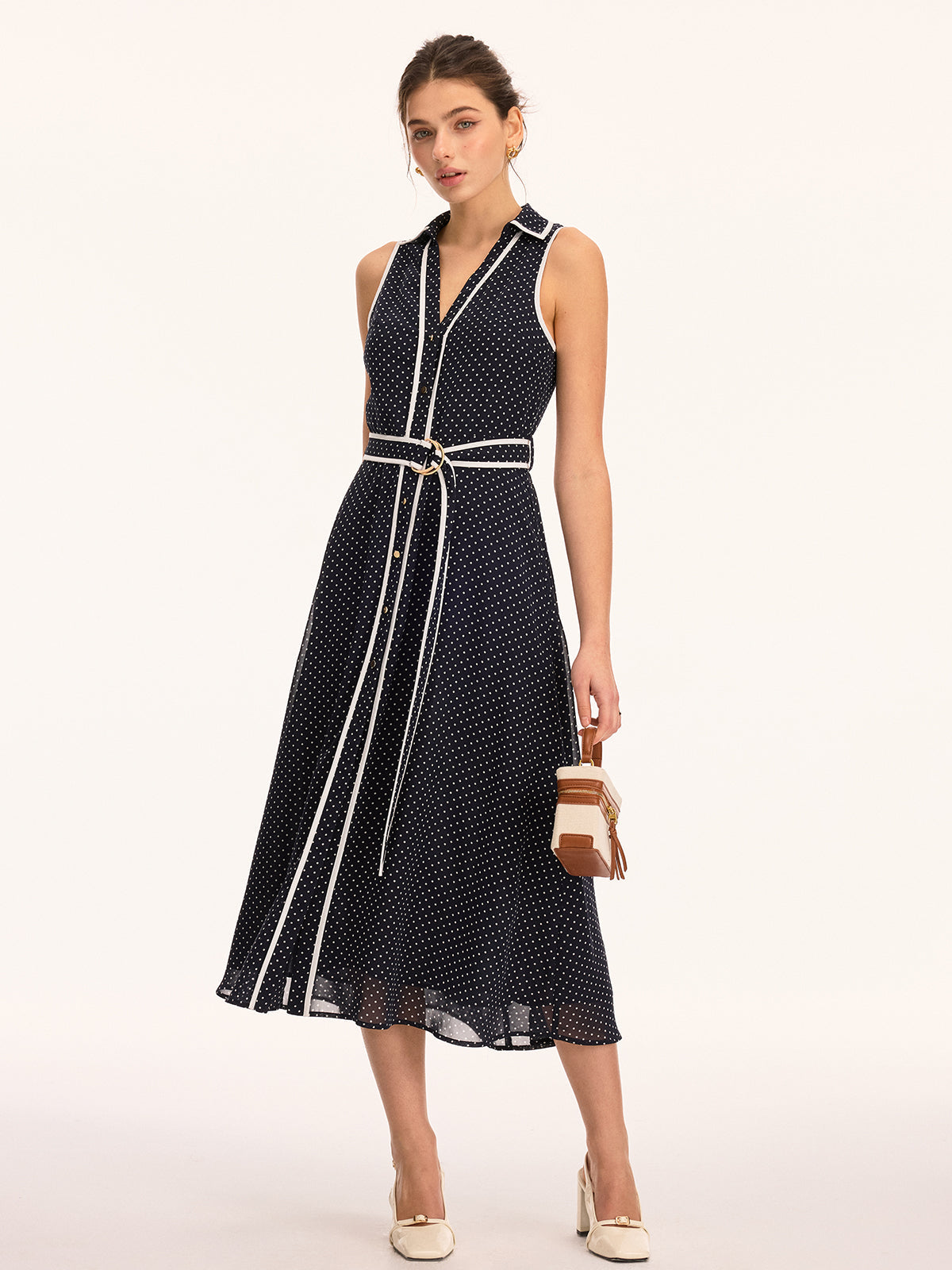 Polka Dot Belted Sleeveless Maxi Dress