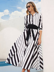 Striped Belted Shirt Midi Dress