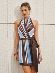 Halter Striped Satin Wrap Mini Dress