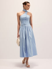 Halter Neck Cotton Blend Belted Maxi Dress