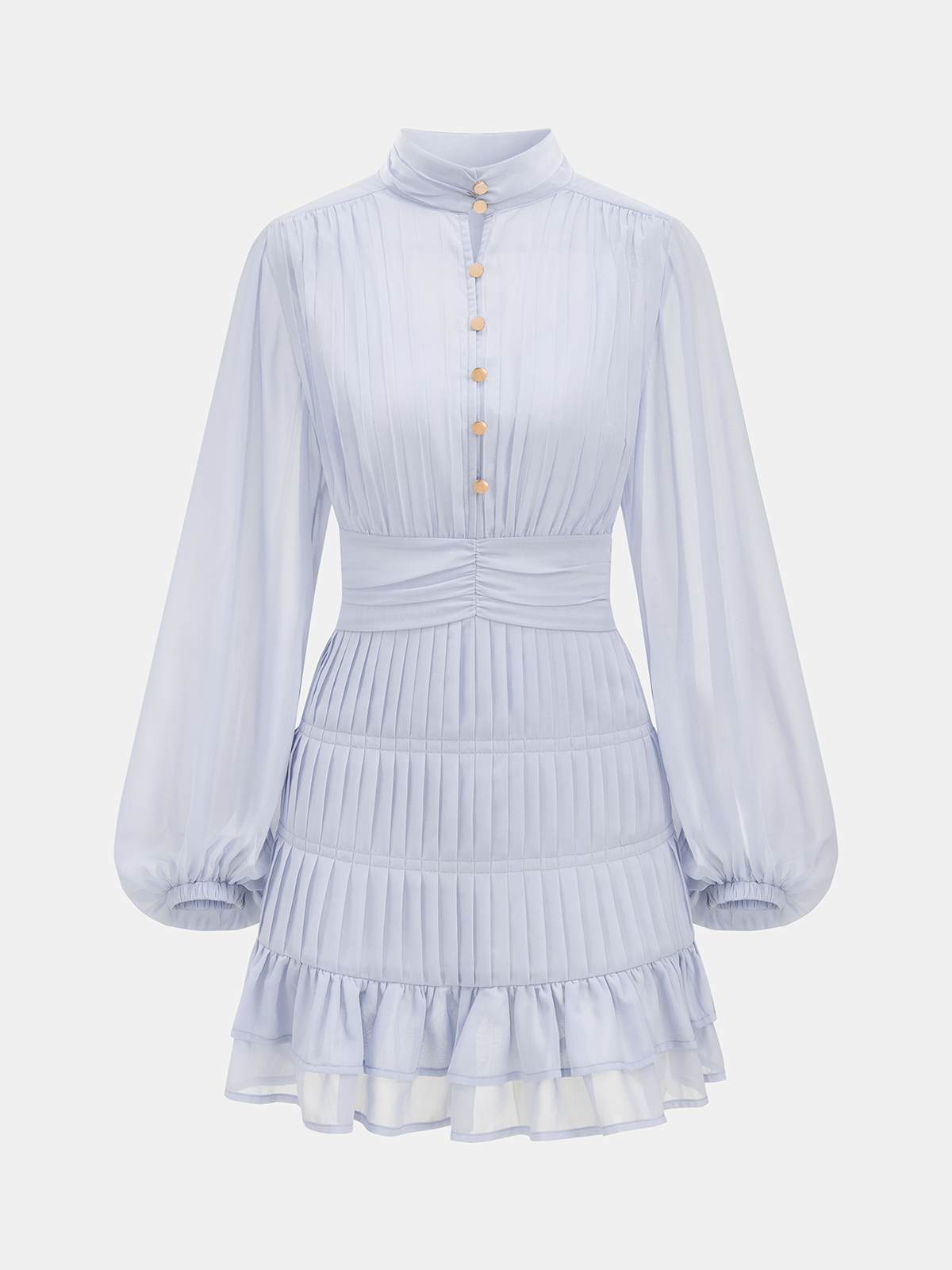 Pleated Button Long Sleeve Ruffled Mini Dress