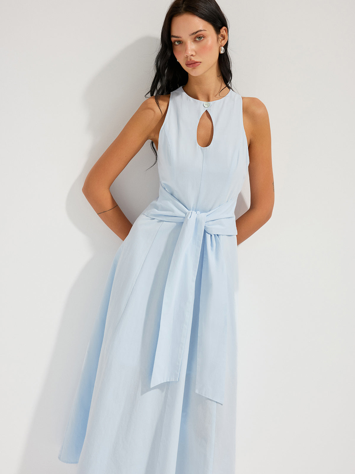 Cotton Sleeveless Keyhole Tie-Waist Maxi Dress