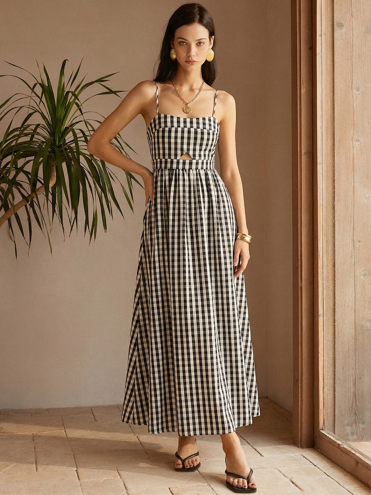 Gingham Cotton Blend Cutout Cami Maxi Dress