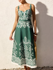 Baroque Floral Print Belted Cami Maxi Dress