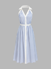 Striped Cotton Blend Collared Halter Midi Dress