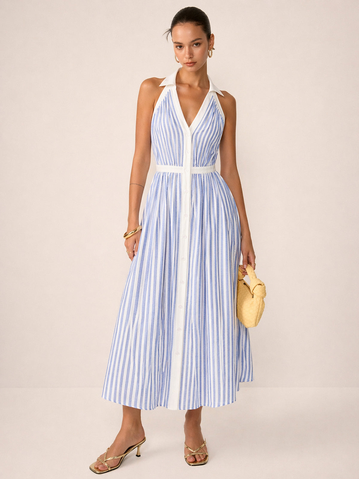 Striped Cotton Blend Collared Halter Midi Dress