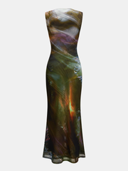 Abstract Watercolor Print Mesh Maxi Dress