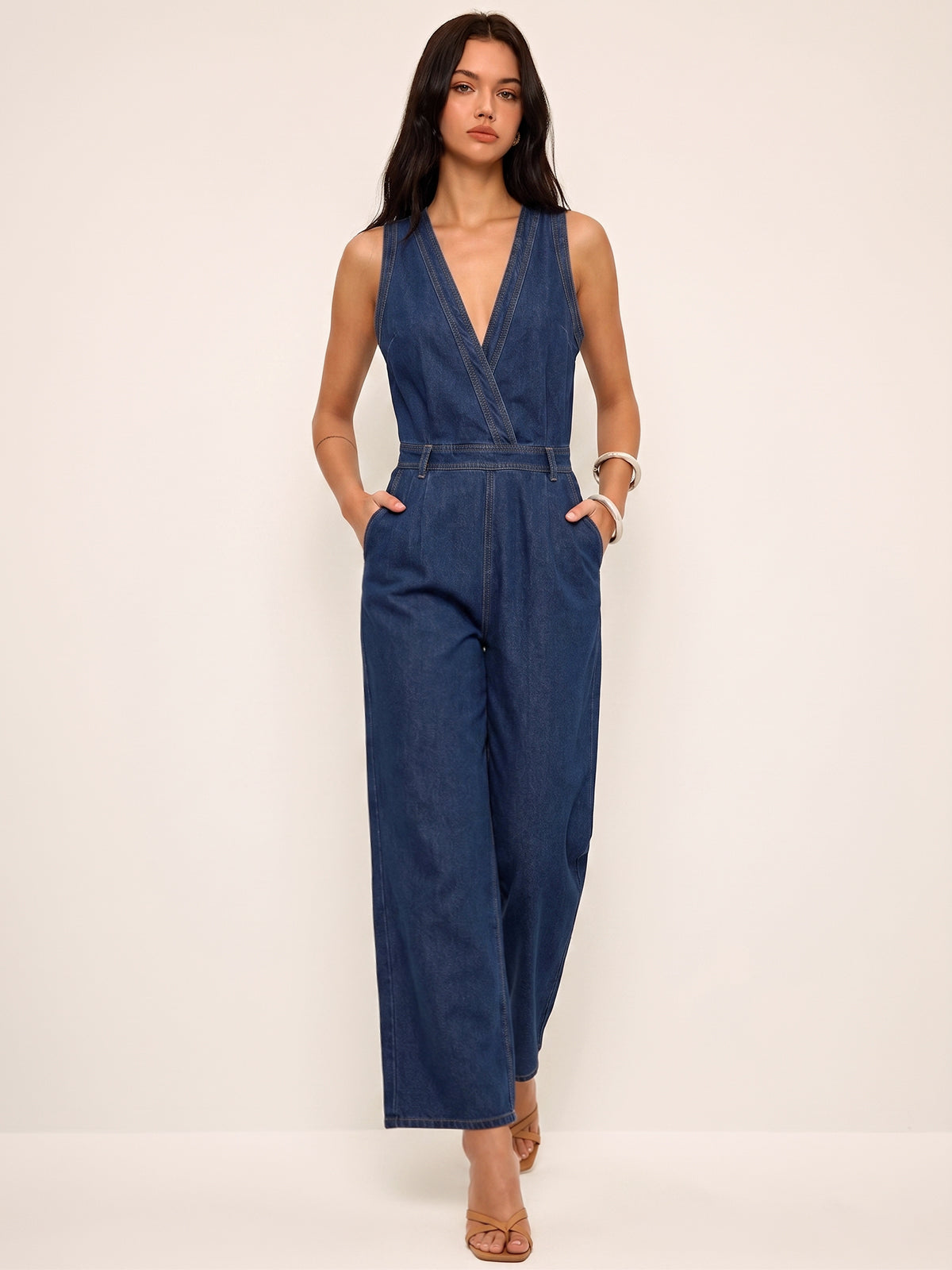 Denim V-Neck Sleeveless Jumpsuit