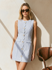 Scallop Trim Striped Sleeveless Mini Dress