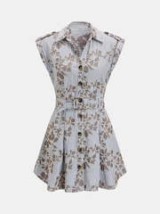 Belted Striped Floral Embroidered Shirt Dress