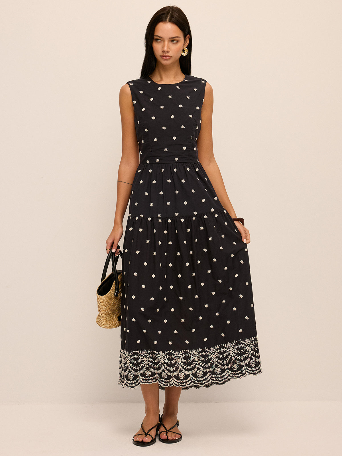 Back Cutout Embroidered Sleeveless Cotton Dress