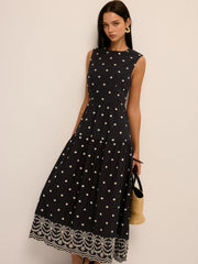 Back Cutout Embroidered Sleeveless Cotton Dress