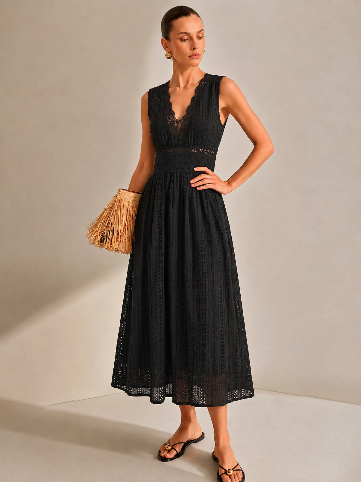 Lace Trim V-Neck Eyelet Maxi Dress
