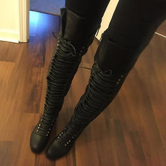 Camel Pu Cross Strap Block Heel Knee High Boots