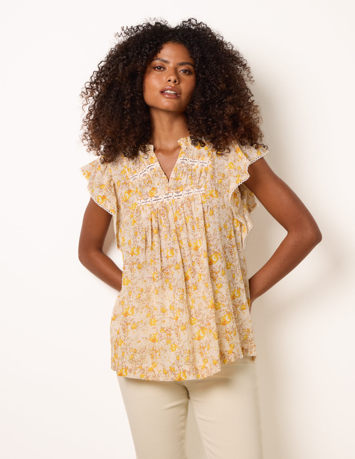Ditsy Floral Cotton Ruffle Sleeve Top