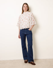 High Neck Frill Sleeve Dobby Floral Print Puffball Blouse