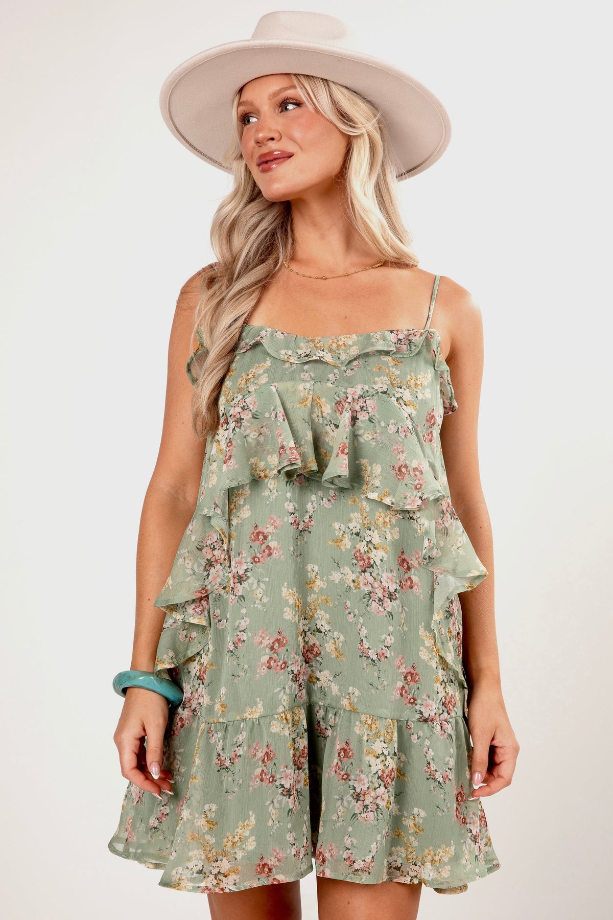 Falling Petals Sage Tiered Mini Dress