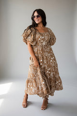 Autumn Meadow Taupe Floral Puff Sleeve Midi Dress