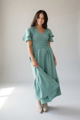 She Means Business Sage Smocked Midi Dress