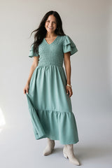 She Means Business Sage Smocked Midi Dress