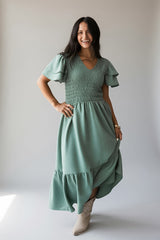 She Means Business Sage Smocked Midi Dress