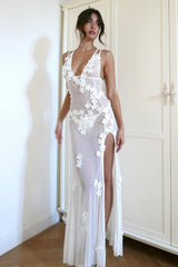 Sheer Mesh 3D Floral Slit Slip Maxi Dress