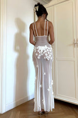 Sheer Mesh 3D Floral Slit Slip Maxi Dress