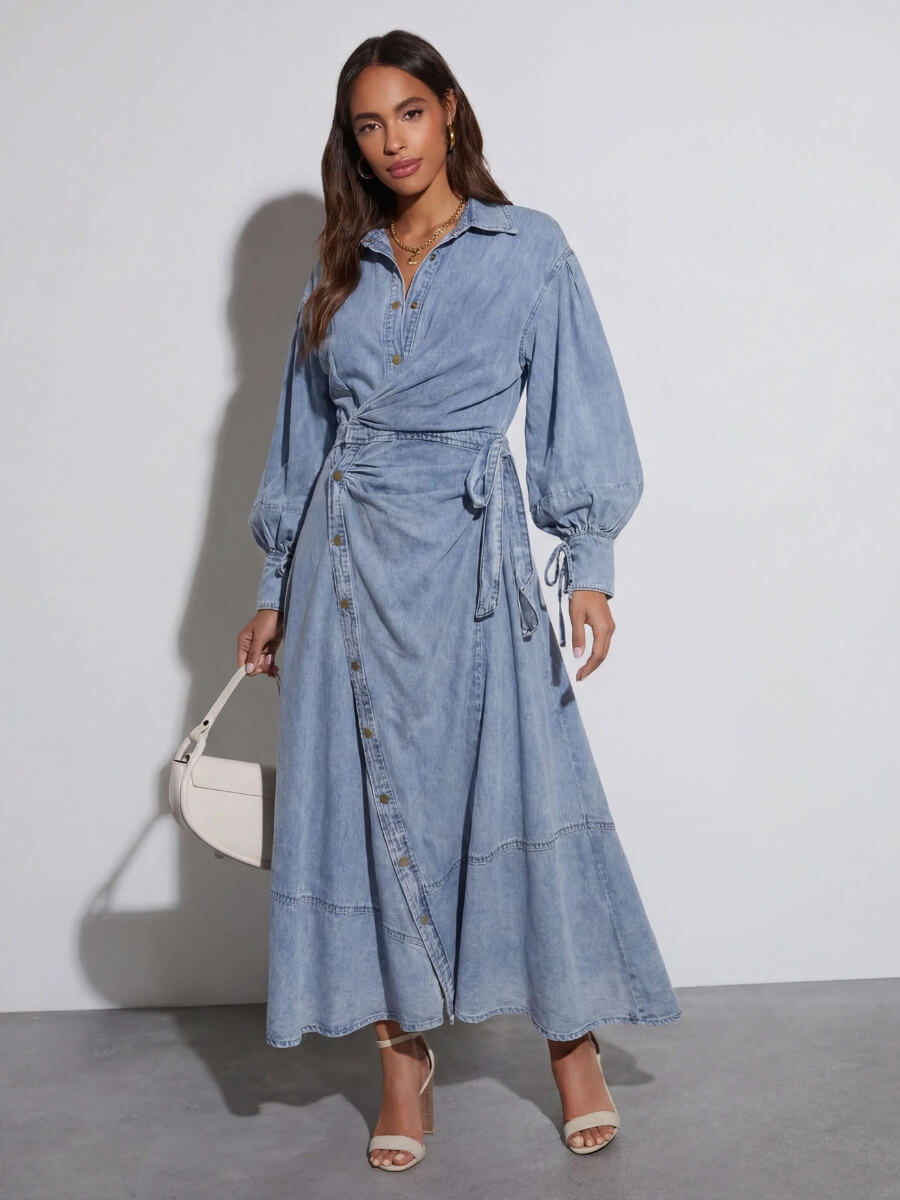 Luzie Waist Tie Denim Maxi Dress - blue